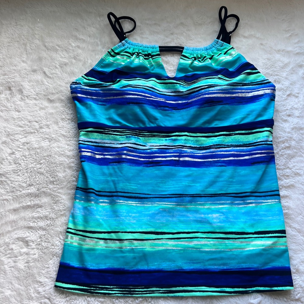 Beach Diva Womens Blue Violet Striped Metallic Tankini Swim Top Size 16 103204